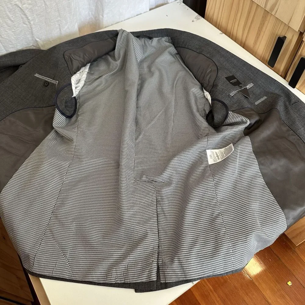 Banana‎ Republic Wool Modern Slim Fit Plaid Blazer 44L Long Suit Gray